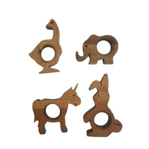 Vintage Wooden Homemade Set Of 4 Napkin Rings Woodland Creatures Bunny Duck